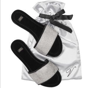 Victoria’s Secret Velvet Studded Crystal Embellished Slippers in Black